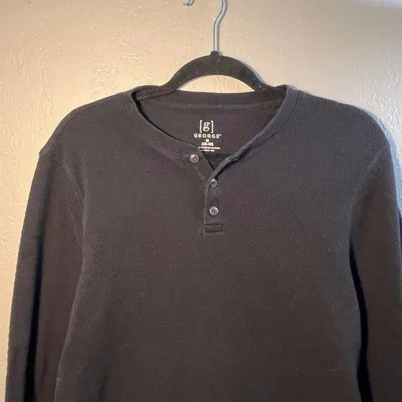 George Men's Black and Navy T-shirt Buttoned Collar  LongSleeve - Picture 2 of 7